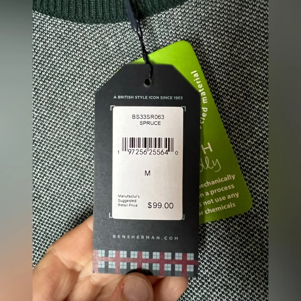 💚NWT Ben Sherman crewneck contrast trim spruce green and white sweater M